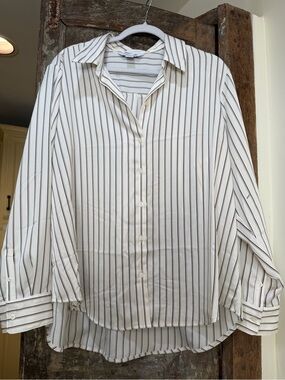 Old Navy Cream Button-Down Shirt with Brown Vertical Stripes